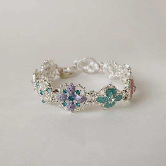 Napier Silver Tone Pastel Pink Blue Enamel Rhinestone Art Deco Chain Bracelet - Picture 2 of 9